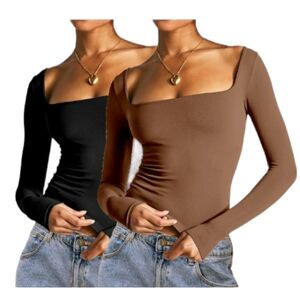 Square Neck Slim Fit Double Layer Long Sleeve Crop Top T Shirt Small Black NWOT